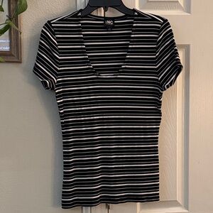 INC International Concepts Black & White Striped V-Neck Tee